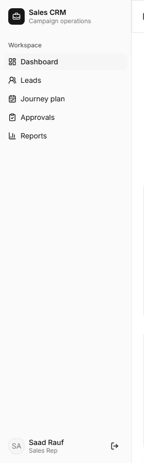 App sidebar with Workspace sections for a sales rep