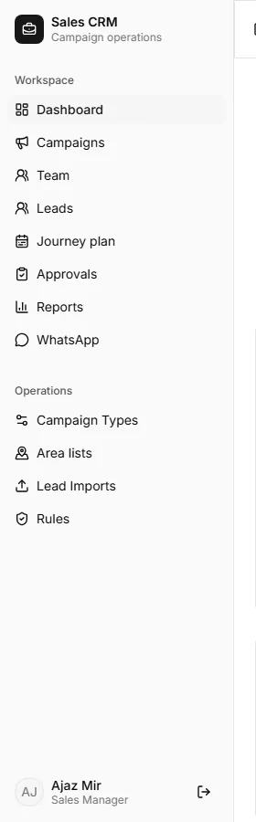 App sidebar with Workspace and Operations sections for a sales manager