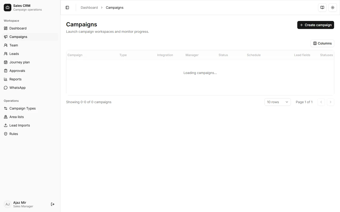 Campaigns list with create campaign action