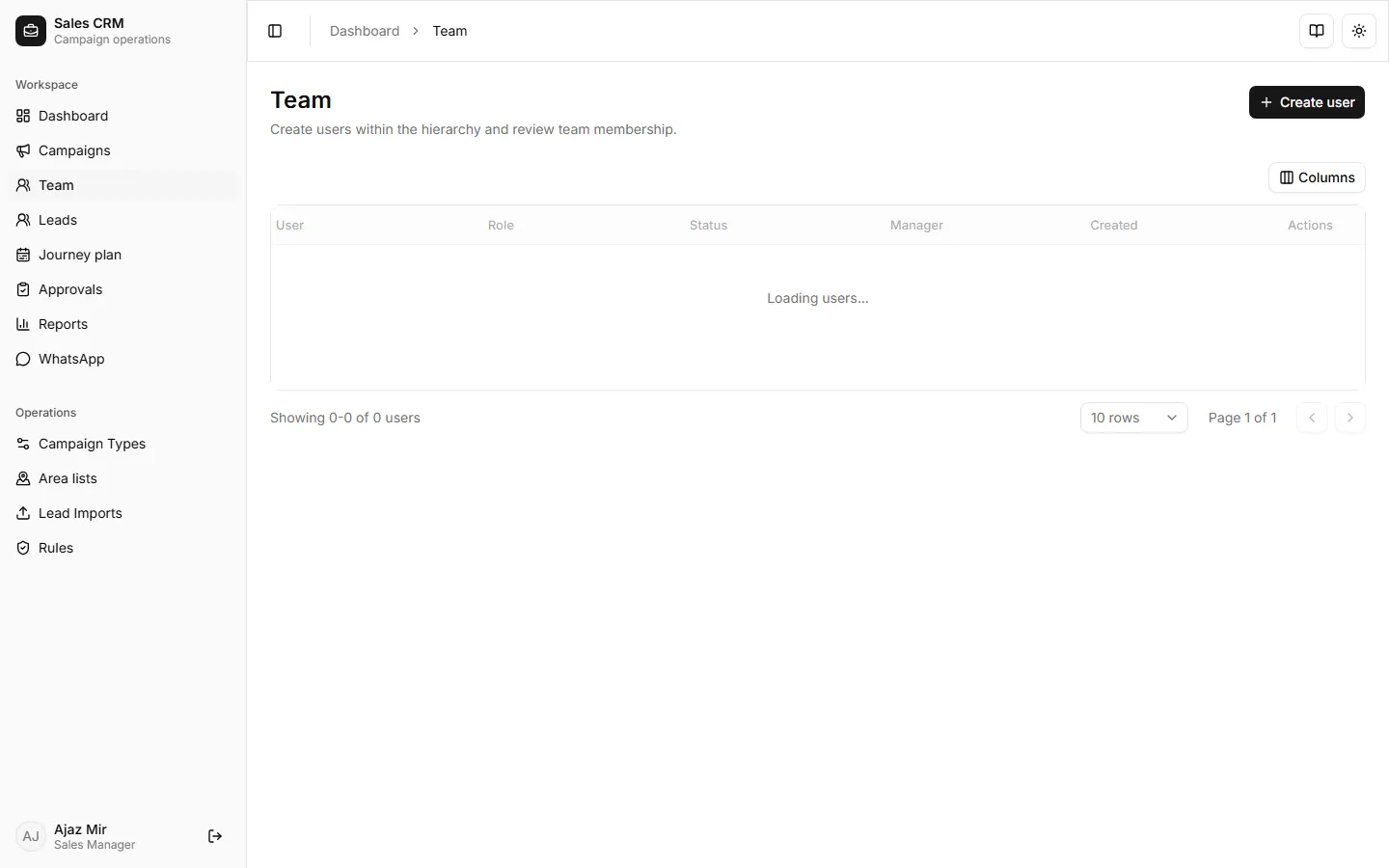 Team page with user list