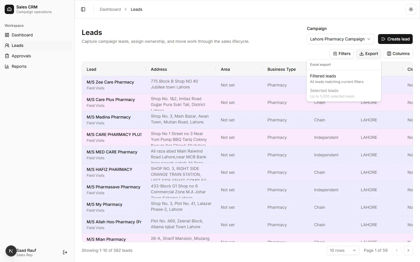 Export menu on the leads grid