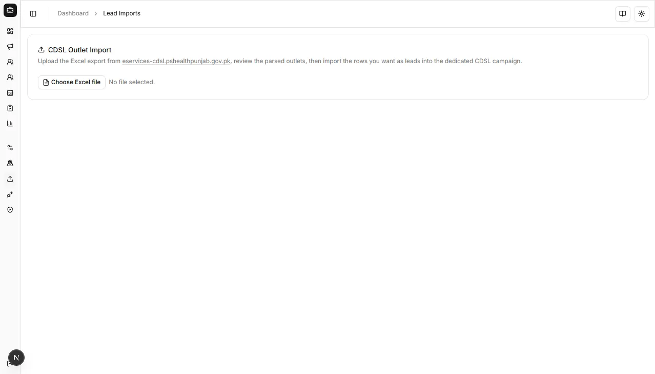 Lead Imports page with upload area and import history