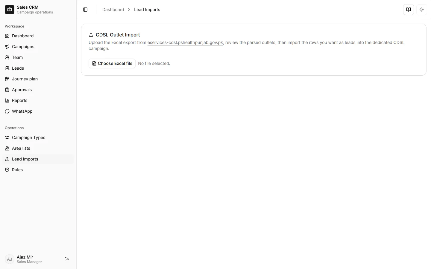 Lead Imports page with upload and batch history
