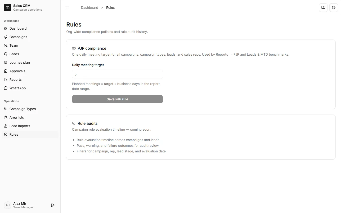 Rules page with PJP daily meeting target