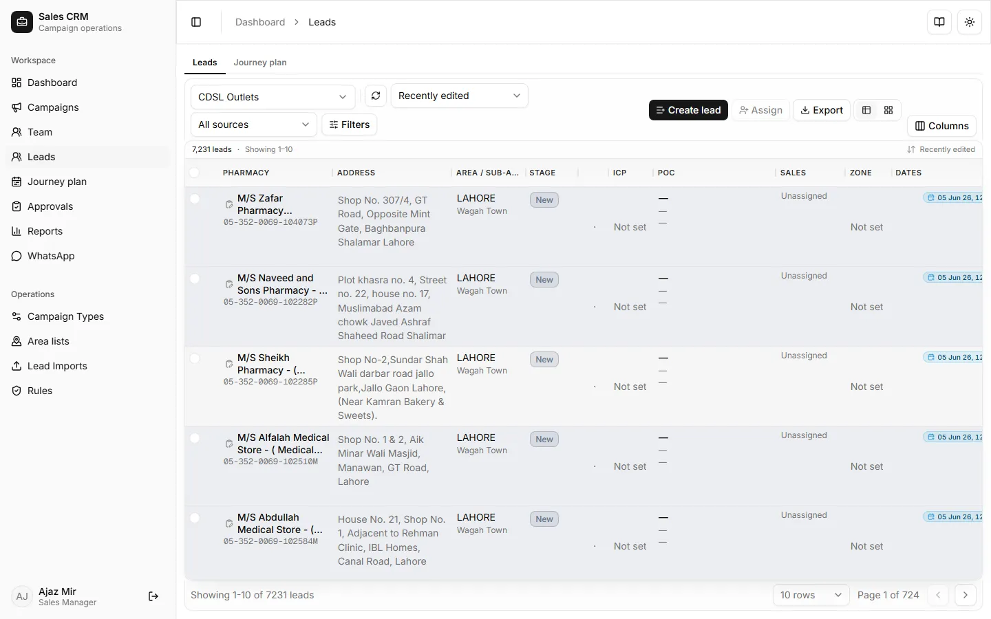 Leads grid with campaign filter and assignment actions