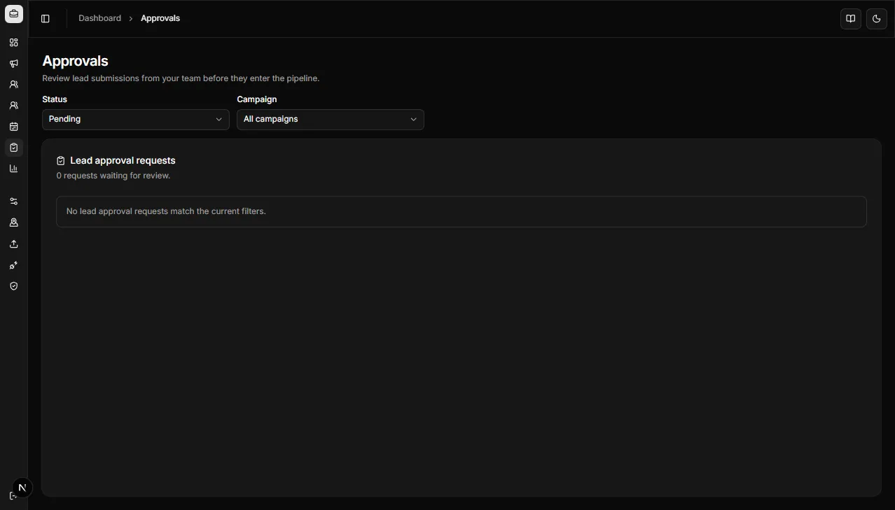 Approvals queue with status and campaign filters