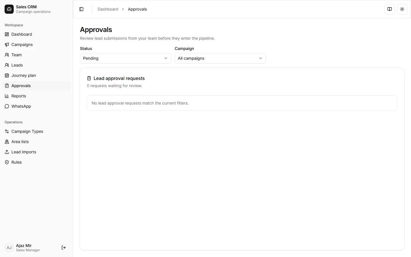 Approvals queue with status and campaign filters
