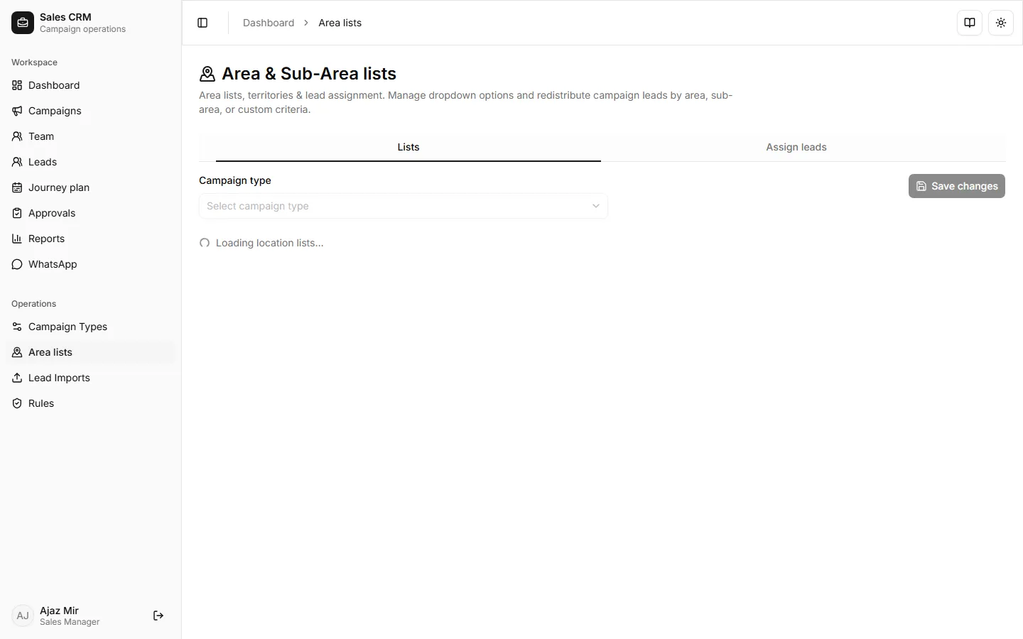Area and sub-area lists editor