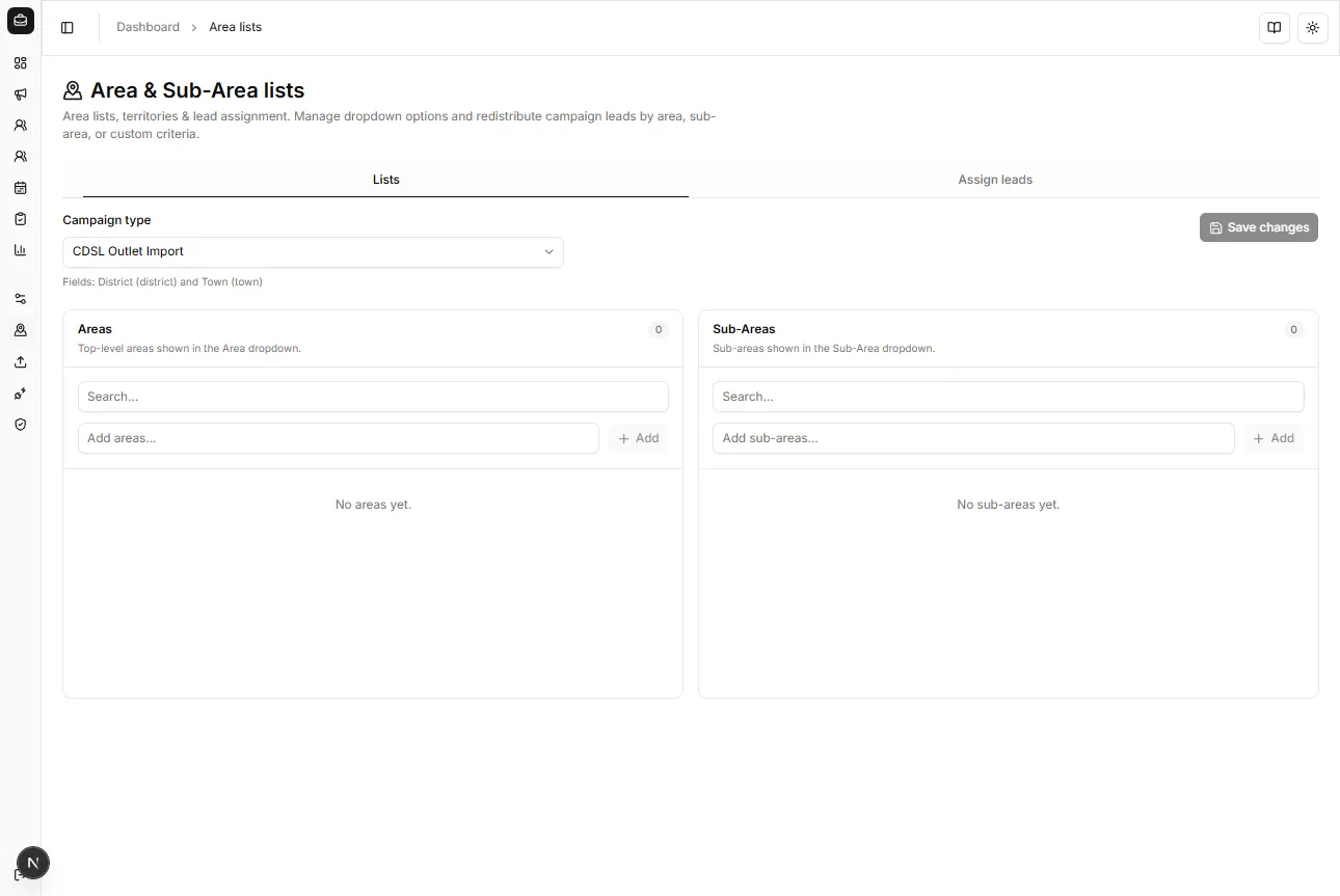 Area and sub-area lists editor