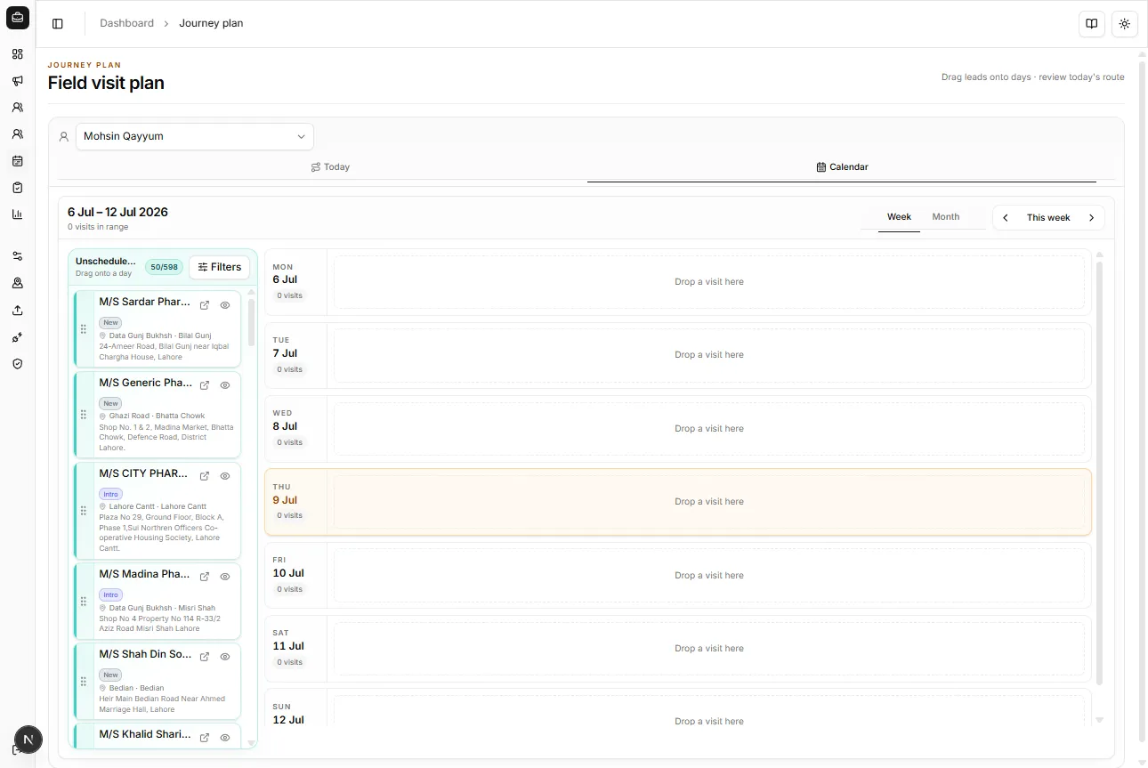 Journey plan Calendar tab — drag from Unscheduled leads onto a day column