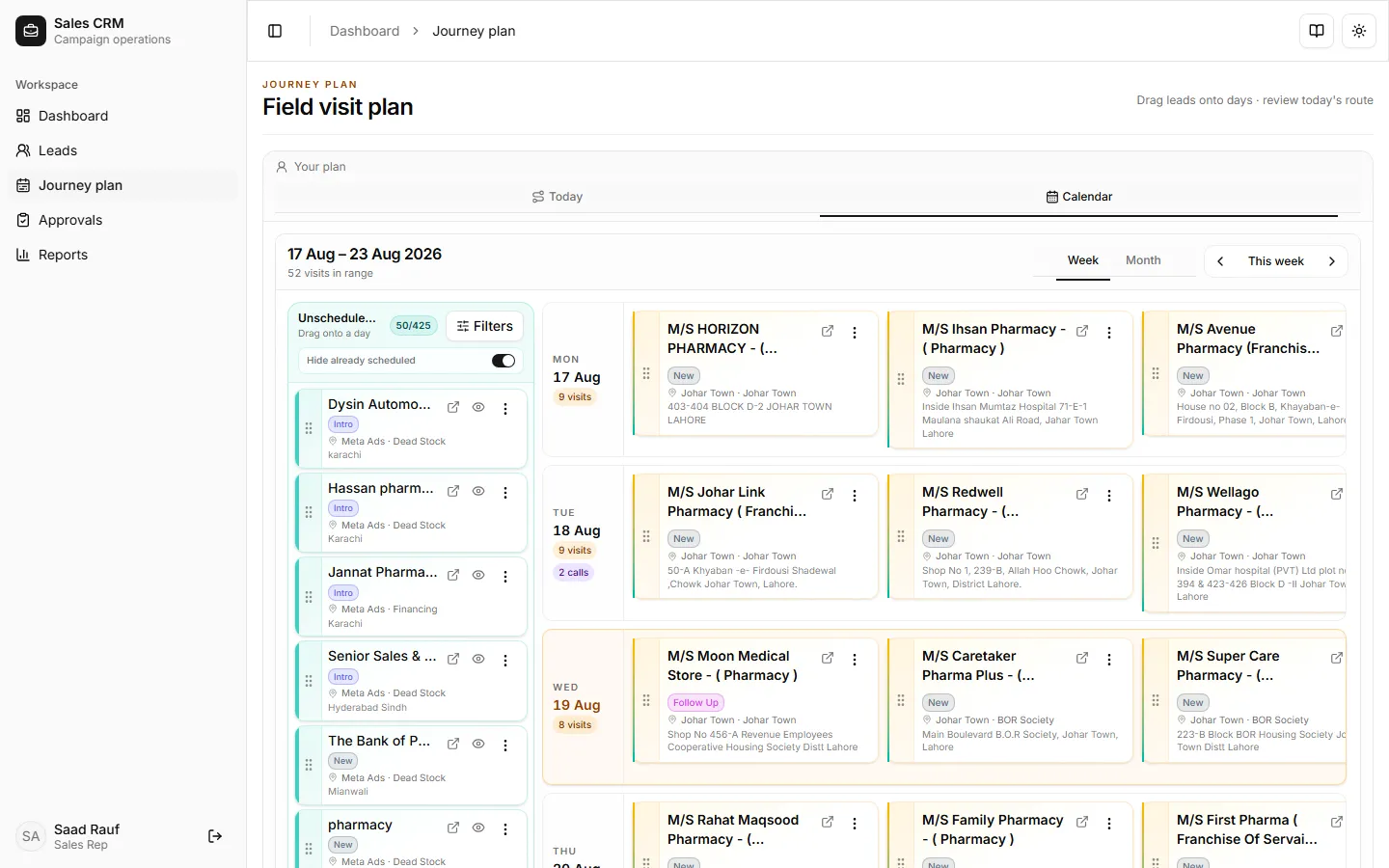 Journey plan Calendar tab — drag from Unscheduled leads onto a day column