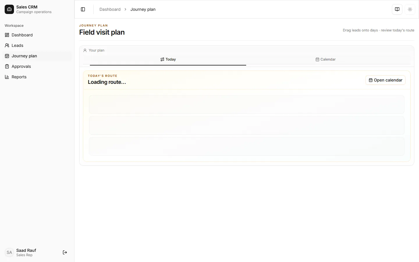 Journey plan Today tab — review outlets queued for the current day