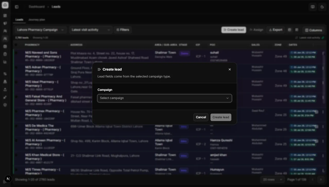 Create lead dialog for managers