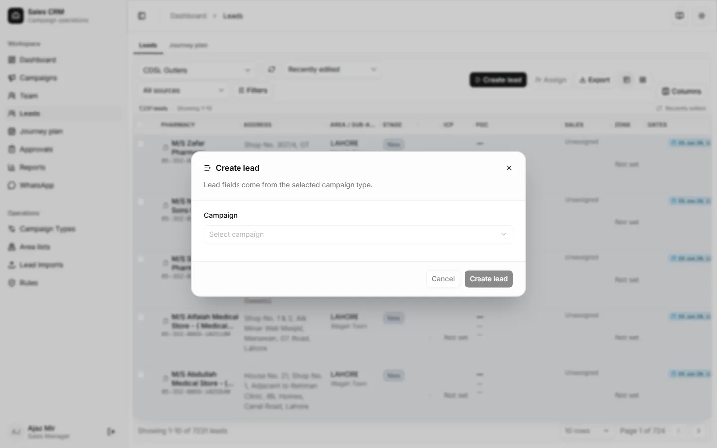 Create lead dialog for managers
