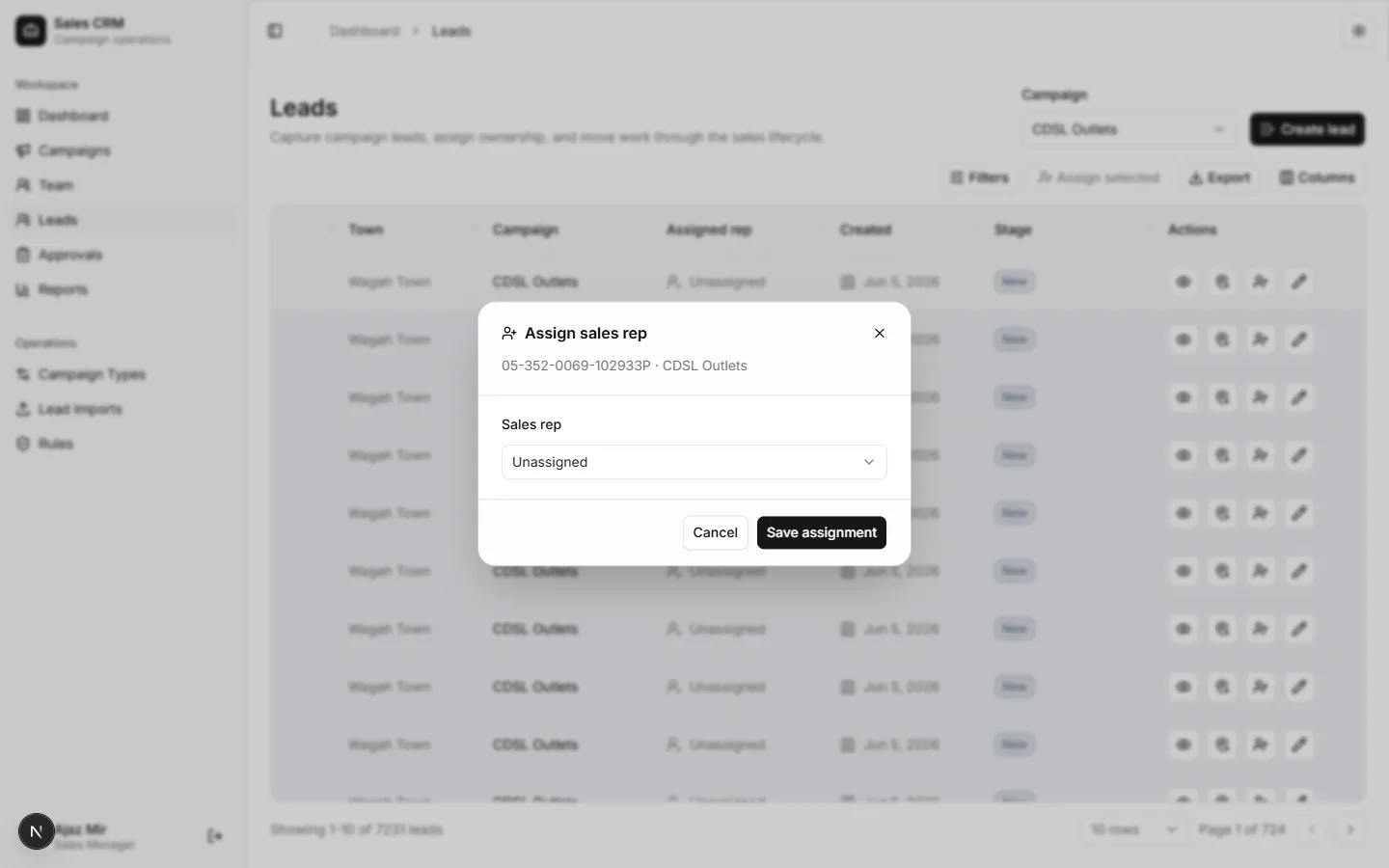 Assign lead dialog with rep picker