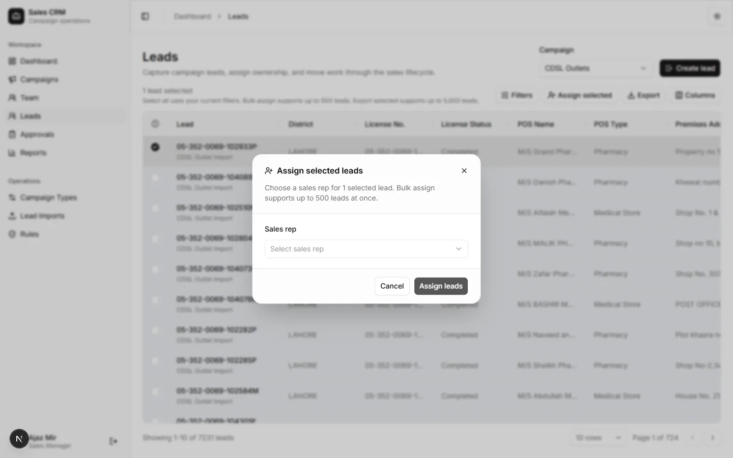 Bulk assign dialog with selected lead count