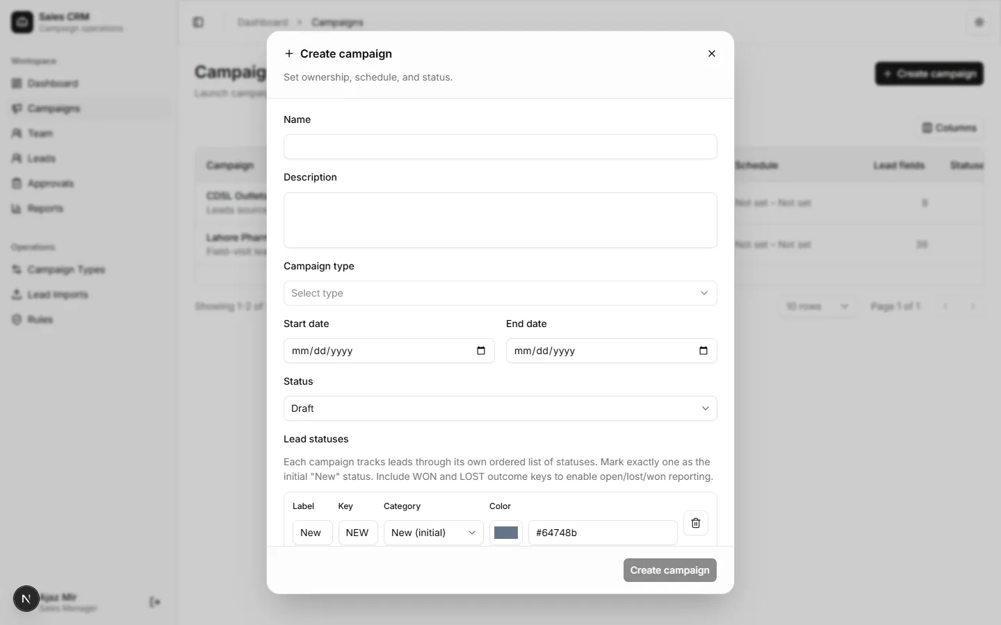 Create campaign dialog