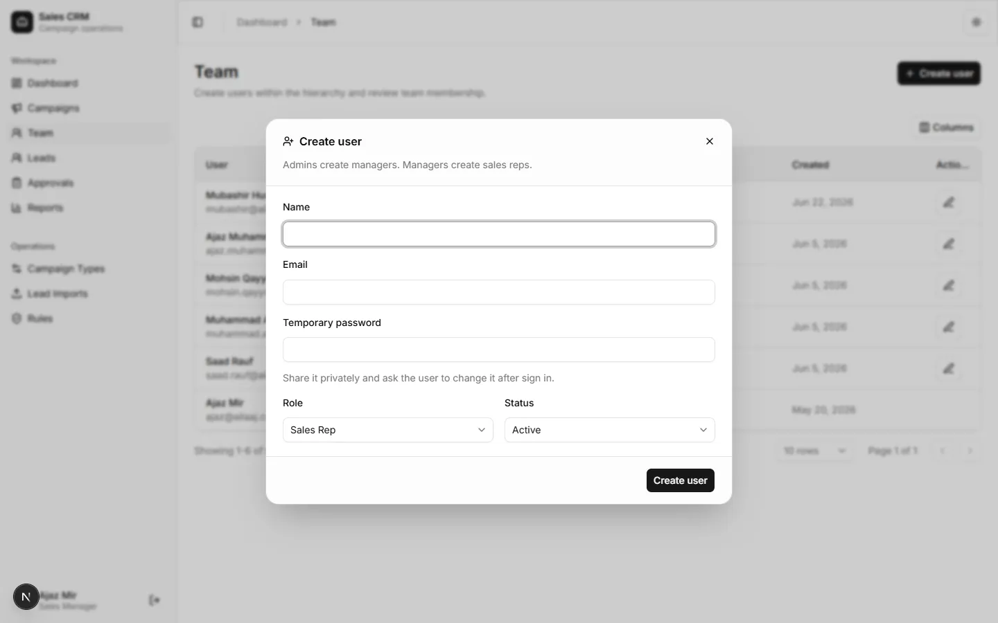 Create user dialog
