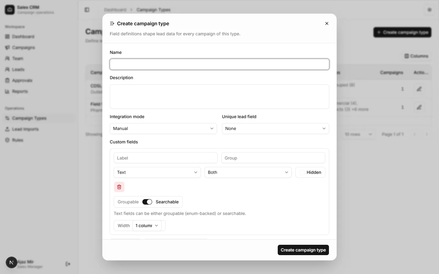 Create campaign type dialog with field builder