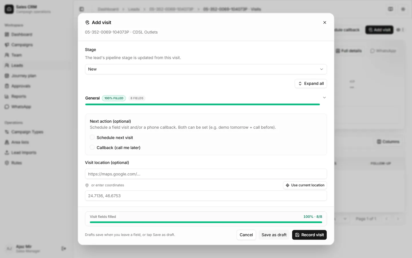 Add visit dialog with outcome and notes fields