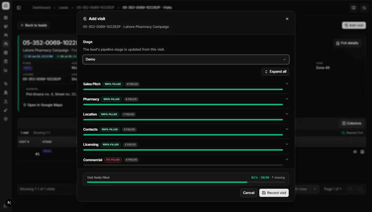 Add visit dialog with stage and field sections
