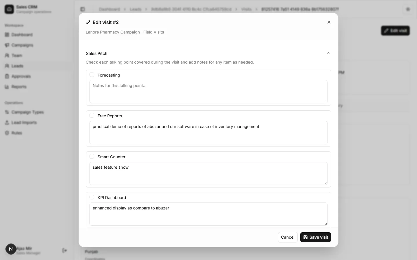 Edit visit dialog